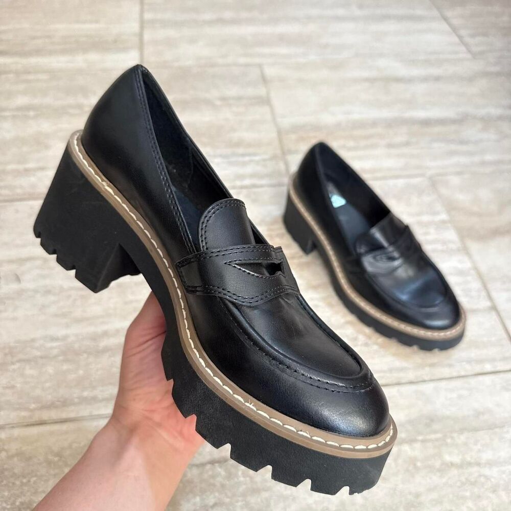 Dolce Vita Halona Black Leather Chunky Platform Loafers Lug Sole Academia Sz 6.5